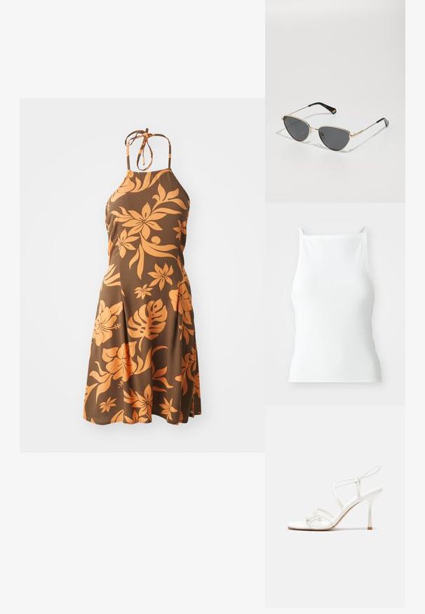 Hnedé šaty s halter výstrihom s oranžovým kvetinovým vzorom, po kolená, s priliehavým živôtikom, ktorý prechádza do rozšírenej sukne. Mäkká textúra.; Biely rebrovaný top na tenké ramienka s priliehavým strihom a hladkou textúrou. Tkanina sa zdá byť elastická a jemne štruktúrovaná.; Biele sandále na vysokom podpätku so štíhlym remienkom okolo členku a plochou základňou na prsty, textúrovaný predok so zhluky akcentov.; Slnečné okuliare s zlatým kovovým rámom a tmavými sklami, v tvare cat-eye, s čiernymi ramenami a dúhovým akcentom na jednej strane.; Zlaté kruhové náušnice, tenké a okrúhleho tvaru, s hladkým kovovým povrchom a bez ozdôb alebo vzorov.