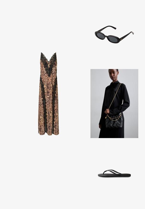 Leoparda raksta kleita ar mežģīņu apdari, ar V-veida kaklu un plūstošu siluetu, kas izgatavota no viegla auduma.; Melni čības ar teksturētu gumijas zoli, divām plānām siksniņām un smalku, iespiedotu logotipa detaļu uz siksniņas.; Melnu pārspīlēto saulesbrilles ar ovālām lēcām, gludu plastmasas rāmja un zelta akcentiem uz tempļiem. Tumšie lēcas nodrošina saules aizsardzību.; Melna kvadrātveida ādas rokassomiņa ar salocītu augšu, zelta ķēdes siksnu un taisnstūra formu, turēta pret vienkāršu fona.