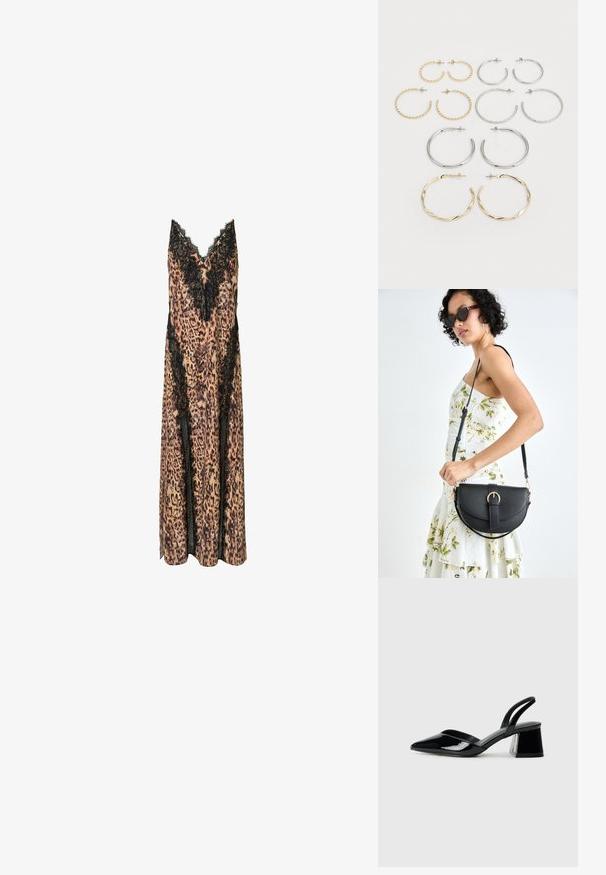 Leopardų rašto suknelė su nėriniuotu apvadu, turinti V formos iškirptę ir lengvą siluetą, pagaminta iš lengvo audinio.; Juodos lakuotos odinės šlepetės su smailiu pirštu ir geometriniu bloko kulnu. Turi elegantišką, minimalistinį dizainą ir lygų paviršių.; Juodas odinis krepšys su išlenkta forma, nuimamu dirželiu ir auksiniais detalėmis. Krepšys turi kilpą su sagtimi.; Dvylikos sidabrinių ir auksinių auskarų su kilpomis rinkinys. Apima sukurtas, lygias ir tekstūruotas formas, turinčias įvairius dydžius ir apdailas.