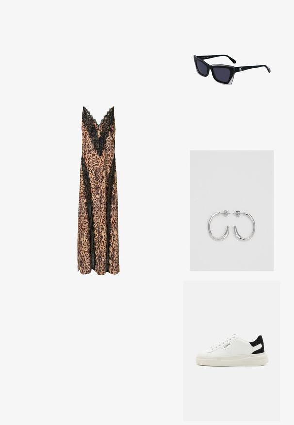 Vestido de estampa de leopardo com rendas, apresentando um design em V e uma silhueta fluida, confeccionado em tecido leve.; Sapatilhas brancas de couro com uma sola branca espessa, detalhe em camurça preta no calcanhar e logótipo em relevo na lateral. Design com atacadores e seis ilhós.; Óculos de sol oversized pretos com forma geométrica, apresentando lentes escuras e um detalhe cinza em contraste na armação. Logotipo na haste.; Brincos de argola prateados com um acabamento suave e brilhante. Forma arredondada, design leve, com fecho de pino.