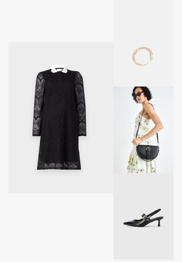 Crna čipkana haljina s dugim, uzorkovanim rukavima i bijelim ovratnikom. Tkanina sadrži složene izrezane uzorke i ležeran kroj.; Crne lakirane slingback potpetice s oštrim prstom i malom blok petom, s naglaskom na srebrnoj kopči na remenu.; Crna kožna torba s lukovitim oblikom, odvojivim remenom i zlatnim detaljima. Torba ima preklop s kopčom.; Prsten u zlatnoj nijansi s organskim, uvijenim dizajnom, glatkom teksturom i suženim krajevima, koji stvara moderan, skulpturalni izgled.