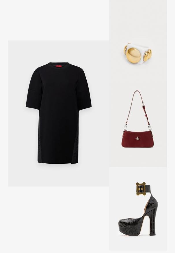 Czarna sukienka z krótkimi rękawami, okrągłym dekoltem i satynowymi akcentami po bokach. Wykonana z gładkiego materiału, oferująca luźny krój i nowoczesny design.; Vivienne Westwood PORTRAIT SANDAL czarny; Czerwona zamszowa torba na ramię o wyprofilowanym kształcie. Posiada srebrny akcent oraz regulowany pasek z detalami ze stali. Gładka tekstura.; Biały pierścionek o błyszczącej powierzchni z dużym okrągłym złotym akcentem i trzema mniejszymi złotymi kulkami z jednej strony. Gładka tekstura.