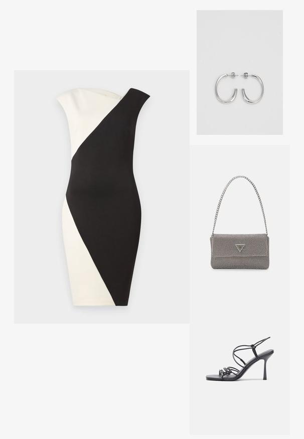 Calvin Klein COLORBLOCK DRESS - Enostavna obleka - black/chalk; Črne visoke sandale na peto imajo tanke naramnice z vozlom, gladek kvadratni toe in eleganten stiletto peto.; Svetlo siva kovinska torbica z verižnim ročajem, okrašena z majhnimi okroglimi kovinskimi bleščicami in trikotnim logotipom blagovne znamke.; Srebrne obročaste uhane z gladko, sijočo površino. Zaobljena oblika, lahka zasnova, z zapiranjem na zatič.
