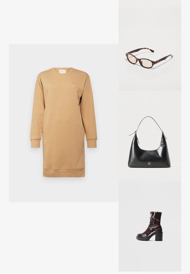 GANT SHIELD C NECK DRESS - Denní šaty - caramel beige; Lesklá bordó kotníková bota s masivním černým podpatkem, se hladkým povrchem a jednoduchým designem. Žádné viditelné zapínání ani vzory.; Sluneční brýle ve tvaru zakulacené skořápky s lehkými čočkami. Mají robustní nohy se zlacenými akcenty, vyrobené z plastového materiálu.; Černá hladká kožená kabelka přes rameno s zaobleným vrchem, jediným popruhem, zipovým uzávěrem a malým stříbrným logem uprostřed přední strany.