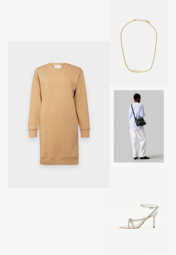GANT SHIELD C NECK DRESS - Rochie de zi - caramel beige; Sandalie albe cu toc înalt, cu o curea texturată ce prezintă strasuri, design cu vârf deschis și curea pentru gleznă cu cataramă ajustabilă.; Geantă de umăr din piele neagră cu o textură moale, formă triunghiulară și curea ajustabilă, asortată cu o bluză cu dungi albastre deschise și pantaloni albi.; Colier placat cu aur, cu un accent central neted și curbat. Dispune de o chaină flexibilă cu un închizător tip homar și link-uri suplimentare ajustabile.