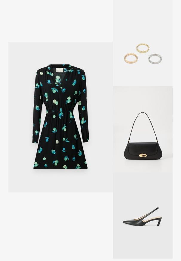 Juoda suknelė su ilgomis rankovėmis, V formos iškirpte, surinkta juosmens dalimi ir gėlių raštu žaliai ir turkio spalvos. Pagaminta iš lengvos medžiagos.; Juodas smailus slingback batelis su žemu kulnu, pagamintas iš lygaus odos paviršiaus ir su išpjovomis šone, užtikrinančiomis oro pralaidumą.; Juodas odinis rankinės su išlenktu dizainu, auksinių atspalvių furnitūra ir viršutine rankena. Savybės - stilingas uždarymas ir glotni tekstūra.; Trys metalinės žiedai: vienas rožinės aukso, vienas auksinis su tekstūruotais akcentais ir vienas sidabrinis, visi su įmintu ženklinimu vidinėje juostoje.