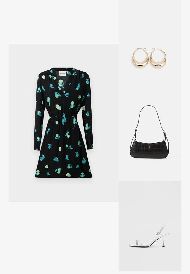 Vestido preto com mangas longas, decote em V, cintura franzida e padrão floral em verde e turquesa. Feito de um tecido leve.; Sandal de salto alto em verniz prata, com tira estreita na ponta do pé, fivela ajustável e um salto delgado.; Bolsa de mão em pele negra com textura de crocodilo, forma esguia e detalhes em dourado. Apresenta uma única alça de ombro e detalhe de logotipo em relevo.; Brincos em forma de argola em tom dourado, com um formato de crescente, superfície polida e fecho articulado. A textura suave e o acabamento reflexivo aumentam a visibilidade.