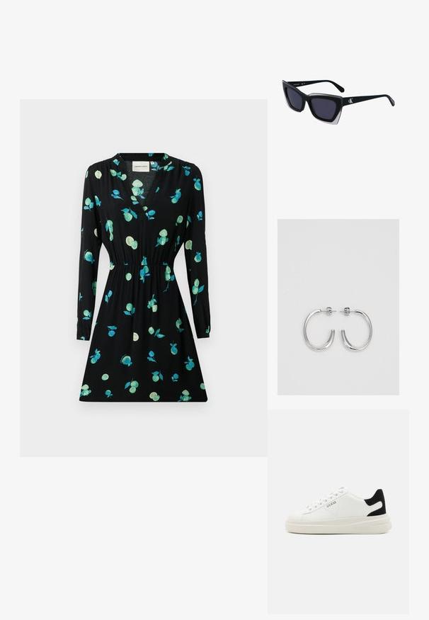 Juoda suknelė su ilgomis rankovėmis, V formos iškirpte, surinkta juosmens dalimi ir gėlių raštu žaliai ir turkio spalvos. Pagaminta iš lengvos medžiagos.; Baltos odinės sportbačiai su storu baltu padu, juodu nubuko kulno akcentu ir iškilmingu logotipu šone. Su raišteliais, turinčiais šešis akinius.; Juodos didelės saulės akinių su geometrine forma, turinčiais tamsius objektyvus ir kontrastingą pilką detalę ant rėmelio. Logotipas ant šalon.; Sidabriniai lankelio formos auskarai su lygiu, blizgiu paviršiumi, išlenktos formos ir su užsegimu. Minimalistinio dizaino su moderniu apdaila.