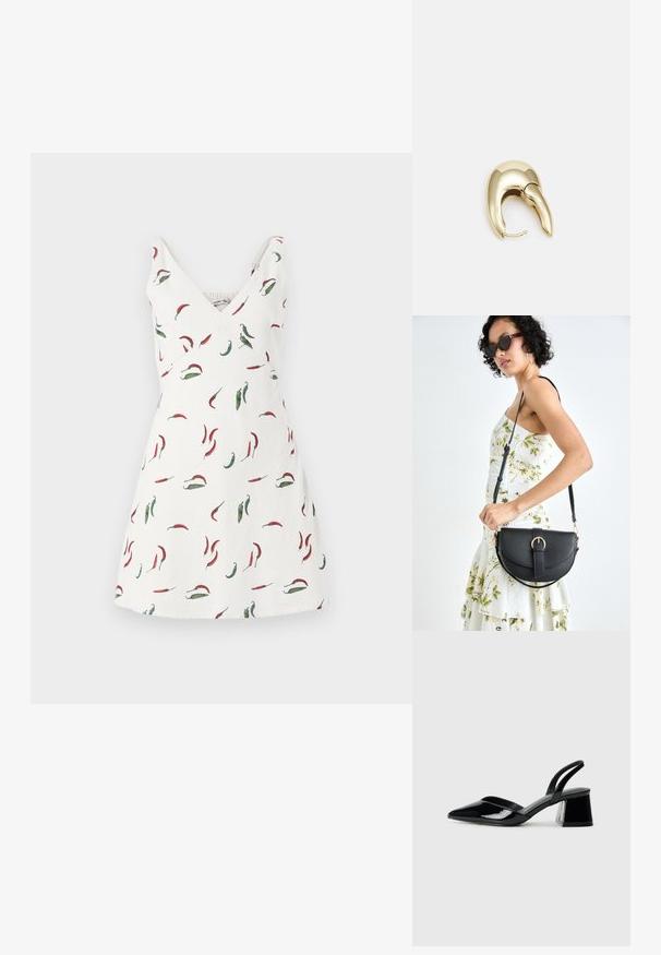 Balta be rankovių suknelė su V formos iškirpte, puošta raudonų ir žalių čili pipirų raštu. Audinys atrodo lengvas ir lygus.; Juodos lakuotos odinės šlepetės su smailiu pirštu ir geometriniu bloko kulnu. Turi elegantišką, minimalistinį dizainą ir lygų paviršių.; Juodas odinis krepšys su išlenkta forma, nuimamu dirželiu ir auksiniais detalėmis. Krepšys turi kilpą su sagtimi.; Aukso tono metalinės auskarai su stilingu, kreiviu dizainu. Išsiskiria ryškiu smailiu pavidalu, poliruota paviršiumi ir užsegimu su vyriu.