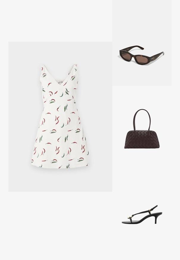 Witte mouwloze jurk met een V-hals, met een chilipeperpatroon in rood en groen. De stof lijkt lichtgewicht en soepel te zijn.; Zwarte leren kitten heel sandaal met dunne banden, gouden gesp en minimalistische teenlus op een witte achtergrond.; Bruine schildpadzonnebril met een rechthoekige vorm, donkerbruine lenzen en gouden 'vogue'-branding op de pootjes.; Gevlochten bruine leren handtas met ronde vorm, dubbele bovenhandvaten en een gladde textuur; kenmerken subtiele stitching voor ontwerpdetaillering.; Heldere en amber harsringen, de ene glad en transparant, de andere met een gestructureerde, amberkleurige afwerking. Beide hebben afgeronde, chunky ontwerpen.