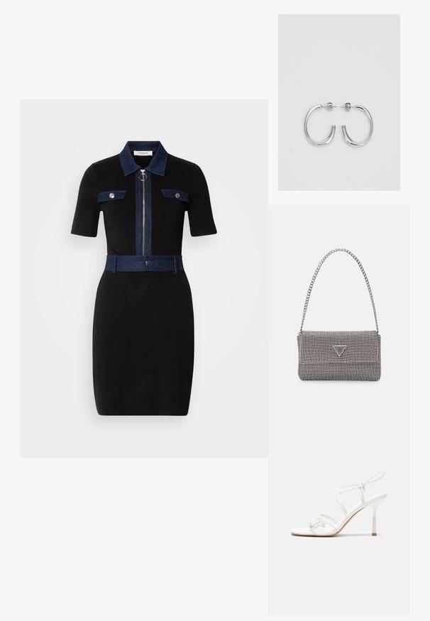 Mustaga kleit lühikeste varrukatega, denimpuntrid krael, taskutel ja vöödel. Omab keskmist tõmblukk ja keha järgivat siluetti.; Valge rihmadega kõrge kontsaga sandaal, millel on lamedad varbatoed, tekstuuriga esiosa kogutud detailidega ja kitsas pahkluu rihm.; Helehall metallik handbags, millel on kett, kaunistatud väikeste ümmarguste metallist õmblustega ja kolmnurkse brändi logoga.; Hõbedased rõngaskõrvarõngad, millel on sile ja läikiv pind. Ümar kuju, kerge disain, millel on post-tagumise kinnituse süsteem.