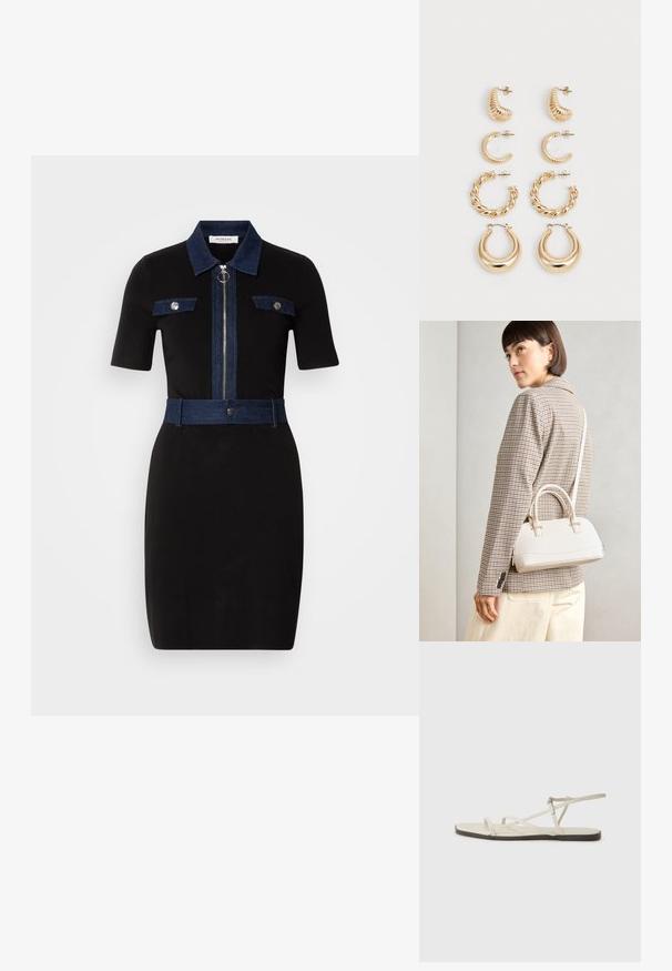 Schwarzes Kleid mit kurzen Ärmeln, Denim-Akzenten am Kragen, Taschen und Gürtel. Verfügt über einen zentralen Reißverschluss und eine taillierte Silhouette.; Beige flache Sandale mit mehreren schlanken Riemen und einer verstellbaren Schnalle. Die Sohle ist flach und hat einen leichten dunklen Kontrast am Rand.; Weiße strukturierte Handtasche mit kurzen Griffen und einem Schultergurt, ausgestattet mit goldfarbenen Hardware-Elementen und strukturiertem Material, vor einem grauen Hintergrund präsentiert.; Set aus fünf goldenen Ohrringen mit unterschiedlichen Designs: gedrehte, gerillte und glatte Oberflächen in Creolen- und Halbmondformen.
