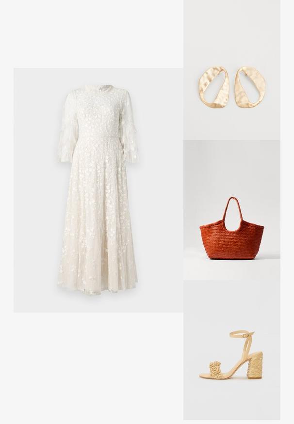 Langärmliges Kleid mit floralen Stickereien in hellem Creme, mit transparenten Rüschenschößen und einem taillierten Oberteil, das in einen ausgestellten Rock übergeht.; Beige High-Heel-Sandale mit geflochtener Textur, dekorativer Blume und Knöchelriemen. Der quadratische Absatz sorgt für Stabilität.; DRAGON DIFFUSION NANTUCKET BASKET BIG - Handtasche - naranja; Ein Paar unregelmäßige, oval geformte Ohrringe aus goldfarbenem Metall mit einer strukturierten, leicht gehämmerten Oberfläche auf weißem Hintergrund.