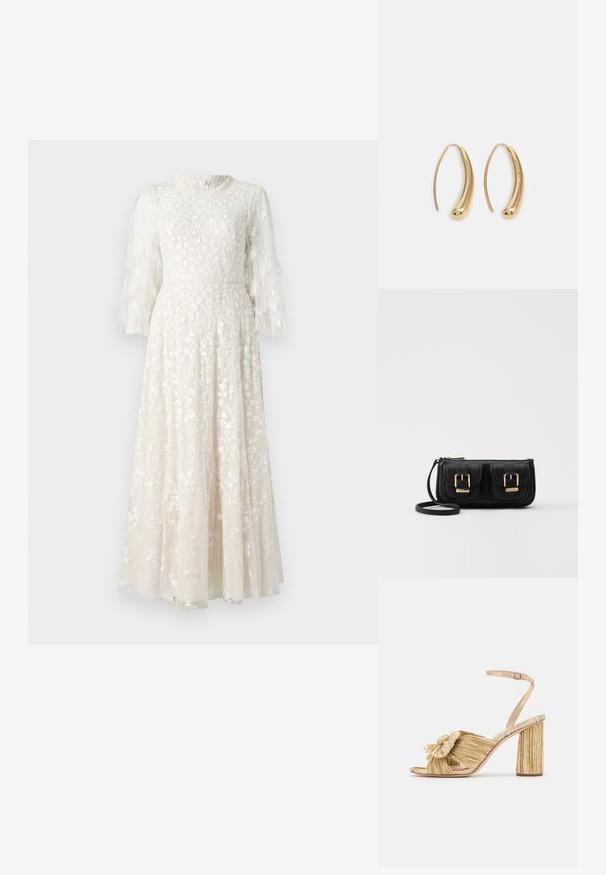 Virágmotívummal hímzett hosszú ruha világos krém színben, áttetsző fodros ujjakkal és testhez simuló felső résszel, ami egy bővülő szoknyába folyik át.; Arany sarkú szandálok, elől megkötve, pliszírozott textúrával és boka pánttal. A blokksarok bordázott mintázattal rendelkezik, amely javítja a tapadást.; Fekete bőr keresztbody táska két elülső zsebbel, arany csattokkal, cipzáras záródással és vékony pánttal. Textúrált felület és kompakt téglalap alak.; Aranyszínű fémből készült karika fülbevalók ívelt, hosszúkás formával. Simaságával és fényes felületével, valamint lekerekített végével további részletekkel bővül.