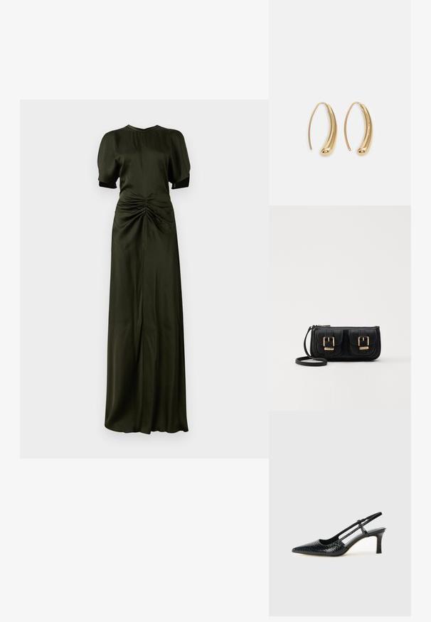 Olíva zöld selyemruha kerek nyakkivágással, rövid puffos ujjakkal és rakott részlettel a deréknál, amely földig érő sziluettet képez.; Fekete lakk slingback sarok, hegyes orral, texturált kígyómintával, állítható pánttal és rövid, texturált tömbsarkal.; Fekete bőr keresztbody táska két elülső zsebbel, arany csattokkal, cipzáras záródással és vékony pánttal. Textúrált felület és kompakt téglalap alak.; Aranyszínű fémből készült karika fülbevalók ívelt, hosszúkás formával. Simaságával és fényes felületével, valamint lekerekített végével további részletekkel bővül.