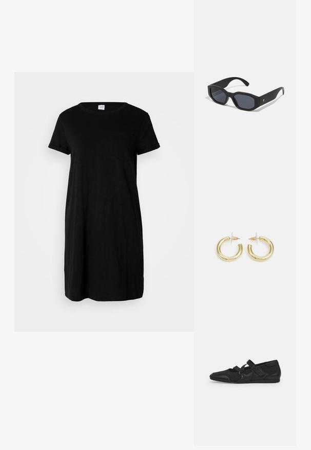 Must mustaga t-särk, millel on lühikesed varrukad, ümmargune kaelus ja rinnatasku. Laia lõikega, põlve pikkune, sile tekstuur.; Mustad mustad kingad pehme ja tekstuurse pealmise osaga, millel on kaks reguleeritavat rihma ja ümmargune toe disain, paigaldatud tasasele kummist tallale.; Mustad pruudiks prillid ruudukujuliste raamidega, matistatud viimistlusega, tumedate läätsede ja veidi kõverate kätega. Ühel käel on diskreetne logo aktsent.; Kuldne rõngassõrmused sileda ja läikiva viimistlusega. Ringikujuline disain, millel on väike post ja selge tagumine külg, et tagada kindel kandmine.