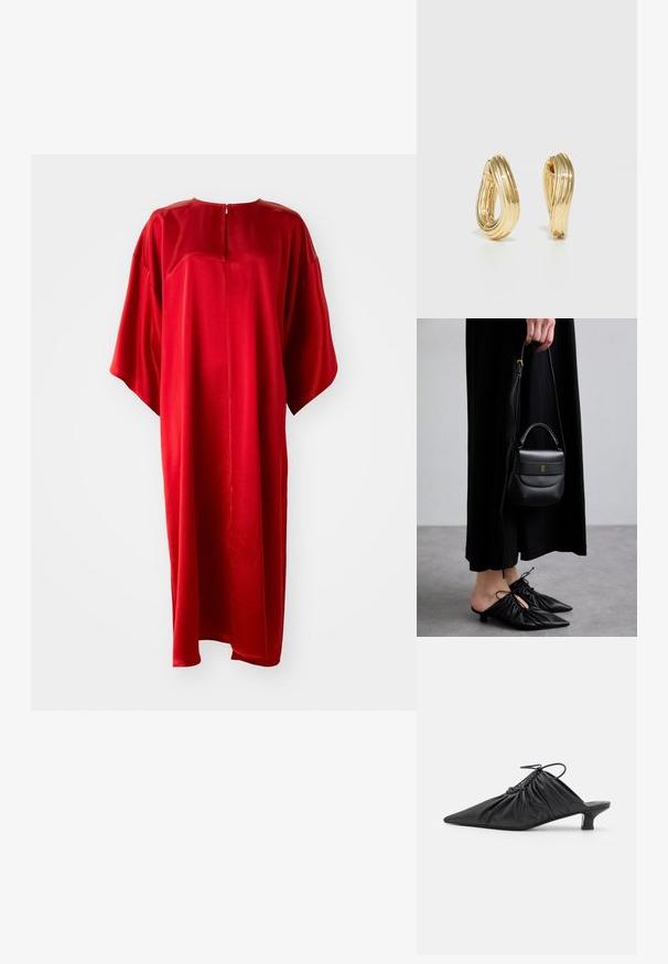 Rochie kaftan roșie cu decolteu rotund și mâneci scurte, fabricată dintr-un material neted, având un fermoar vertical la spate și o croială lejeră.; Mule-uri negre din piele, cu vârf ascuțit, textură plisată și un tocuri mici de tip kitten. Prezintă un detaliu cu șnur la deschidere.; Geantă mică din piele neagră, cu o formă rotunjită, mânere superioare și curea detașabilă. Pur tată cu o rochie din material negru și pantofi plisati negri.; Cercei din metal auriu, cu un design răsucit, având o textură îmbătrânită și o finisare netedă. Construcție ușoară și goală.