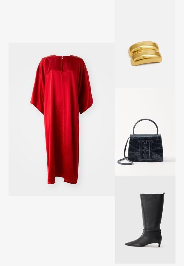 Rochie kaftan roșie cu decolteu rotund și mâneci scurte, fabricată dintr-un material neted, având un fermoar vertical la spate și o croială lejeră.; Botă din piele neagră, până la genunchi, cu vârf ascuțit, accentuată de o curea circulară în jurul gleznei și un toc jos, îngustat. Textură netedă.; Geantă din piele cu model de crocodil negru, cu un design structurat, mână superioară, curea ajustabilă și un detaliu proeminent cu logo pe față.; Agățătoare pentru păr din metal de culoare aurie cu un design neted și rotunjit. Suprafața este reflectorizantă, având o formă curbată și unită, fără alte ornamente.