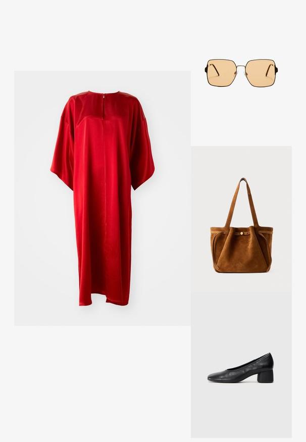Červené kaftanové šaty s okrúhlym výstrihom a krátkymi rukávmi, vyrobené z hladkej tkaniny, s vertikálnym zipsom na chrbte a voľným strihom.; Čierne kožené lodičky s okrúhlou špičkou a stredne blokovým podpätkom. Hladká textúra s minimálnymi detailami, so subtílnym elastickým otvorom.; Štvorcové slnečné okuliare s hnedými sklami a tenkým čiernym kovovým rámom. Vlastnosti zahŕňajú šikmé ramienka a nastaviteľné nosové podložky pre väčšie pohodlie.; Hnedá semišová taška s dvoma uchami, uzatváraním na gombík a uvoľneným, mierne splošteným tvarom.