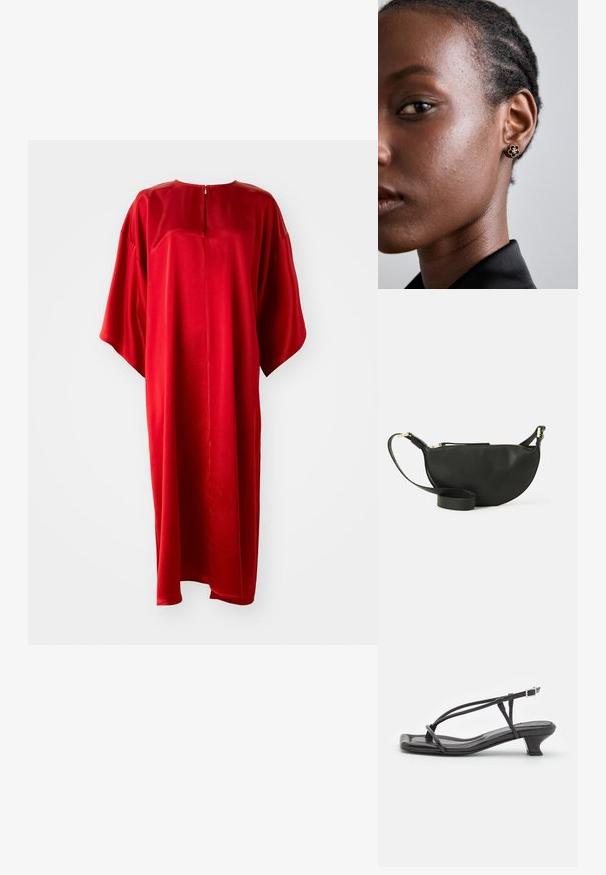 Rochie kaftan roșie cu decolteu rotund și mâneci scurte, fabricată dintr-un material neted, având un fermoar vertical la spate și o croială lejeră.; Sandale negre din piele cu curele subțiri, toc mic pătrat și vârf pătrat. Prezintă o închidere cu cataramă și o textură netedă.; Geantă crossbody din piele neagră, cu formă de jumătate de lună, suprafață texturată, fermoar auriu și curea plată. Design compact, potrivit pentru obiectele esențiale.; Cerceii cu studs florali de aur au un centru texturat de culoare neagră și detalii delicate. Pielea clară a modelului și părul împletit sunt vizibile în profil.