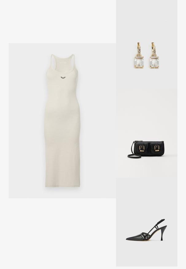 Ärmelloses Midikleid in hellem Beige, aus geripptem Stoff. Mit einem dezenten bestickten Logo auf der Brust. Leicht und mit taillierter Silhouette.; Schwarze Leder-Slingback-Pumps mit spitzem Zehenbereich, über Kreuz verlaufendem Riemendesign und schmalem Stiletto-Absatz. Glatte Oberfläche und minimalistische Akzente.; Schwarze Leder-Umhängetasche mit zwei vorderen Taschen, goldenen Schnallen, Reißverschluss und einem schmalen Tragegurt. Texturierte Oberfläche und kompakte rechteckige Form.; Ohrringe in Goldfarbe mit einem rechteckigen, durchsichtigen Kristall, der unter einer Reihe kleiner, runder klarer Akzente hängt. Elegantes, modernes Design.