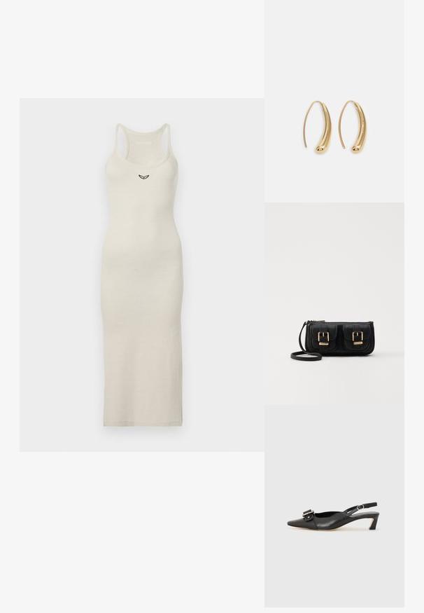 Sleeveless midi dress in light beige, made of ribbed fabric. Features a subtle embroidered logo on the chest. Lightweight and fitted silhouette.; Black leather slingback shoe with pointed toe, small heel, and decorative buckle detail on the upper. Smooth texture, minimalistic design.; Black leather crossbody bag with two front pockets, gold buckles, zipper closure, and a slim strap. Textured surface and compact rectangular shape.; Gold-tone metal hoop earrings with a curved, elongated shape. Features a smooth, shiny surface and a rounded tip for added detail.