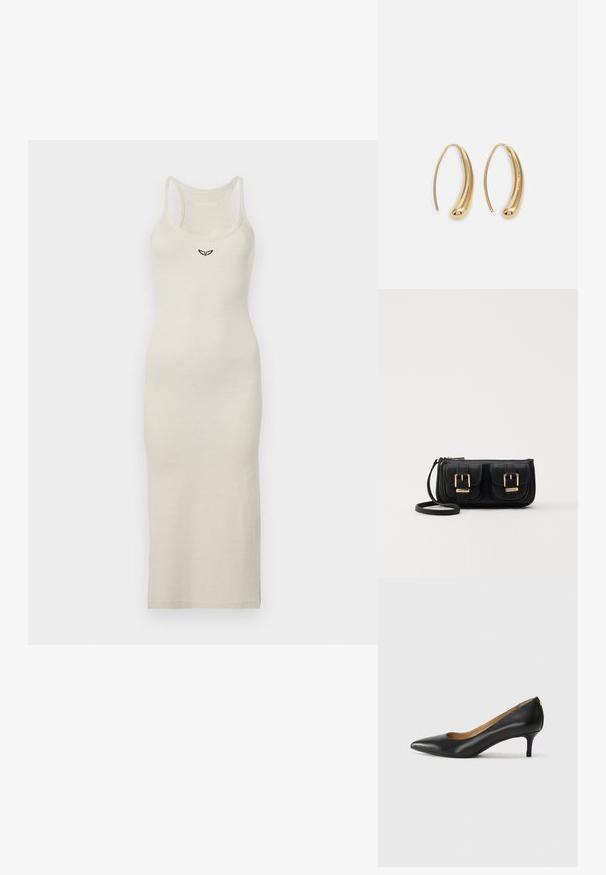 Bežinis be rankovių midi suknelė, pagaminta iš raištinio audinio. Ant krūtinės yra subtilus siuvinėtas logotipas. Lengva ir prigludusi siluetą.; Juodos odinės aukštakulnės bateliai su smailiu nosiu, žemu kulnu ir lygiu paviršiumi. Priekyje yra nedidelis atvirumas, o gale minimalus apdaila.; Juodas odinis per petį nešiojamas krepšys su dviem priekiniais kišenėmis, auksiniais sagtimis, užtrauktuko uždarymu ir siauromis petnešomis. Textūruota paviršius ir kompaktiškas stačiakampis formatas.; Auksinės metalinės auskarų kabės su lenktą, pailgą forma. Turi lygų, blizgantį paviršių ir užapvalintą galiuką papildomam akcentui.