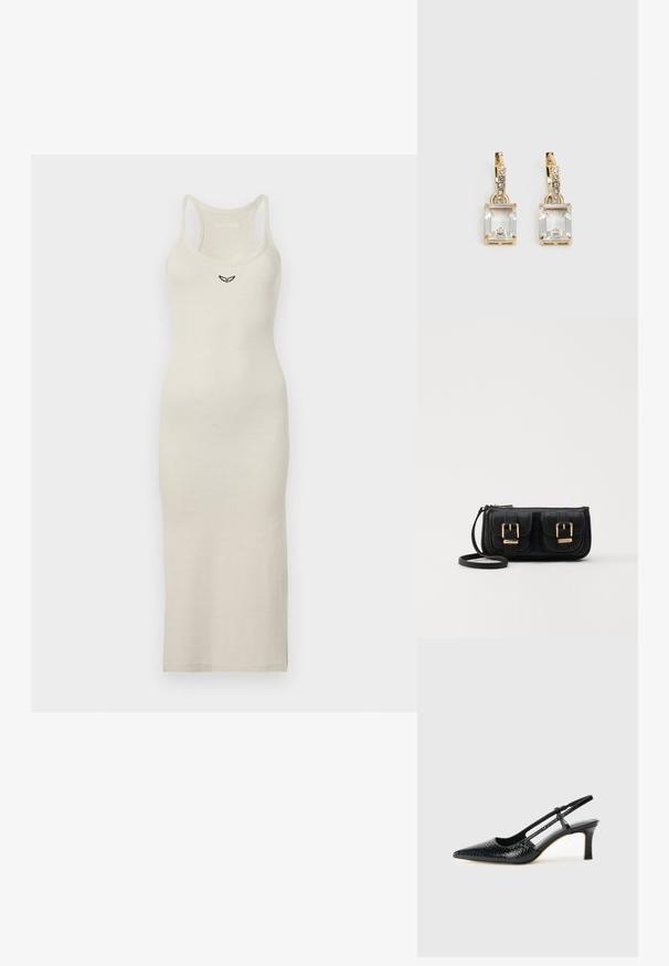 Ärmelloses Midikleid in hellem Beige, aus geripptem Stoff. Mit einem dezenten bestickten Logo auf der Brust. Leicht und mit taillierter Silhouette.; Schwarze Lack-Slingback-Pumps mit spitzem Zehenbereich, versehen mit strukturiertem Schlangenprint, verstellbarem Riemen und einem kurzen, strukturierten Blockabsatz.; Schwarze Leder-Umhängetasche mit zwei vorderen Taschen, goldenen Schnallen, Reißverschluss und einem schmalen Tragegurt. Texturierte Oberfläche und kompakte rechteckige Form.; Ohrringe in Goldfarbe mit einem rechteckigen, durchsichtigen Kristall, der unter einer Reihe kleiner, runder klarer Akzente hängt. Elegantes, modernes Design.