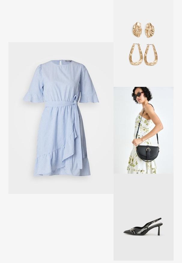 Roșie și albă, rochie cu dungi, cu mâneci scurte cu volane, talie legată și un tiv asimetric. Confecționată dintr-un material ușor, cu o textură netedă.; Pantofii slingback din piele lăcuită neagră, cu vârf ascuțit, bretele pentru gleznă cu catarame și accesorii din argint, și un toc subțire.; Geantă din piele neagră, cu o formă curbată, curea detașabilă și accesorii aurii. Geanta are un capac cu un detaliu tip cataramă.; Cercei aurii cu forme texturate și ondulate. Include studs sculpturale cu clip și un design de cerc deschis cu un finisaj cioplit.