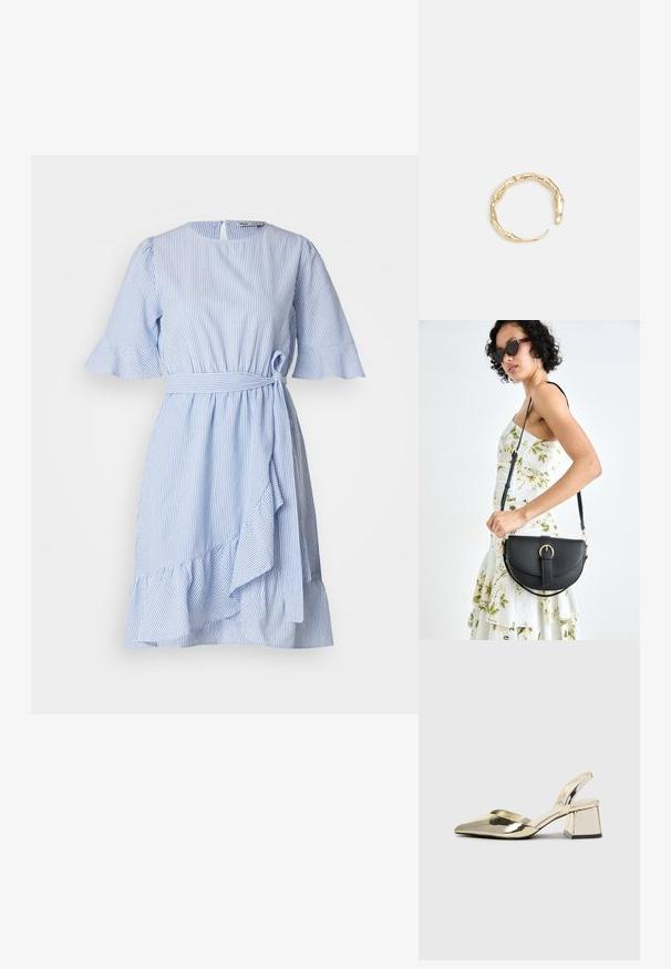 Mėlynos ir baltos dryžuotos suknelės trumpomis volanų rankovėmis, su juosmeniu, kuris surišamas, ir asimetriniu apvadu. Pagaminta iš lengvos medžiagos su glotnia tekstūra.; Auksiniai, metaliniai slingback aukštakulniai bateliai su smailiu pirštu ir masyviu kulnu. Lygus paviršius, minimalizmo dizainas ir siaura juostelė.; Juodas odinis krepšys su išlenkta forma, nuimamu dirželiu ir auksiniais detalėmis. Krepšys turi kilpą su sagtimi.; Auksinės spalvos žiedas, turintis organišką, sukimosi dizainą su lygiu paviršiumi ir siaurėjančiais galais, sukuriantis modernią skulptūrinę išvaizdą.