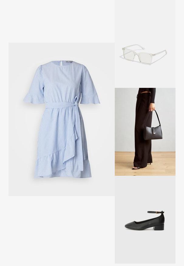 Sinine ja valge triibuline kleit lühikeste rullitud varrukatega, nööridega vööd ja ebaühtlane hem. Valmistatud kerge kangast, millel on sile tekstuur.; Must mustaapp, millel on terav nina ja madal blokk-kand. Omab pahkluu rihma koos kuldse tooni pandlaga. Sile tekstuur.; Selge plastmassist ruudukujulised prilliraamid koos läbipaistvate läätsedega, millel on kuldsed aktsendid templitel, et lisada detaile.; Must musta kott, millel on struktureeritud kuju, sile tekstuur ja metallist klamber. Kombineeritud laiate mustade pükstega ja avatud varvaste sandaalidega puidust põrandal.