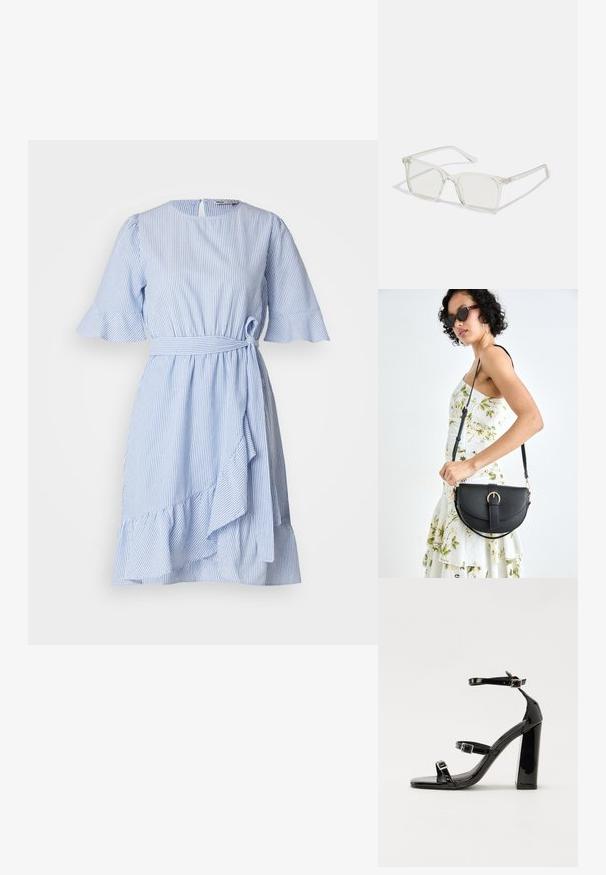 Vestido riscado azul e branco com mangas curtas e onduladas, uma cintura amarrada e uma bainha assimétrica. Feito de um tecido leve com uma textura suave.; Sandálias de tacão preto laqueadas com bico quadrado, tiras para o tornozelo e fivelas prateadas. Apresentam um salto bloco chunky para estabilidade.; Óculos quadrados de plástico transparente com lentes translúcidas, apresentando detalhes em dourado nas hastes.; Bolsa de couro preta com forma curva, alça destacável e detalhes em dourado. A bolsa possui uma aba com detalhe de fivela.