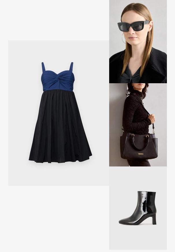 Áčková šaty s prispôsobeným korzetom v námorníckej modrej farbe s prekrúteným detailom a čiernou skladanou sukňou, doplnené o nastaviteľné ramienka.; Čierne lakované členkové topánky s špicatou špičkou a stredne vysokým blokovým podpätkom. Hladká textúra a minimalistický dizajn.; Čierne mačacie slnečné okuliare s tmavými sklami, hrubými obručami a jemnými detailami. Nosí sa s čiernym kabátom a sivým topom, pričom má dlhé rovné vlasy.; Čierna kabelka s textúrovaným povrchom, dvojitými hornými rúčkami a nastaviteľným ramenným popruhom. Obsahuje zlaté kovanie a bočné vrecká.