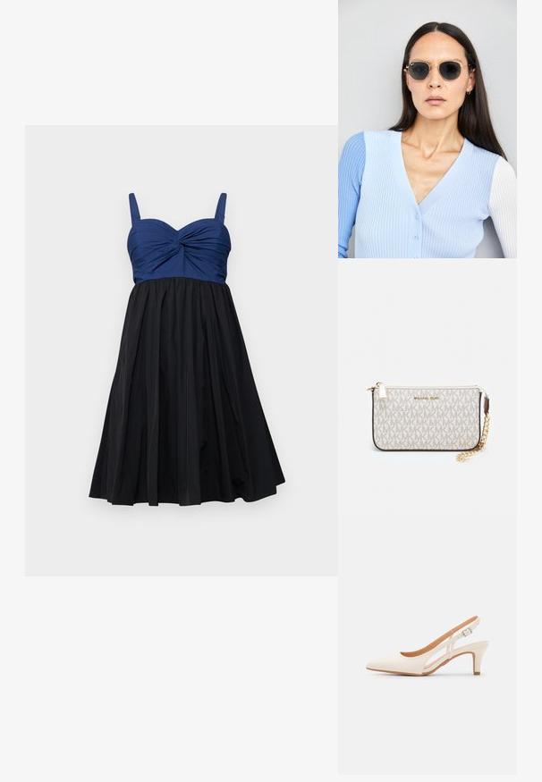 A formos A linijos suknelė, turinti tamsiai mėlyną prigludusį liemenį su sukimo detale ir juodą klostuotą sijoną, baigta reguliuojamomis petnešėlėmis.; Balti slingback kulniukai su smailiu pirštu, lygia viršutine medžiaga, žemu blokuotu kulnu ir šoniniu išpjovimu su reguliuojamu sagtimi.; Apskriti saulės akiniai su tamsiais objektyvais ir auksiniais rėmeliais. Modelis vilki šviesiai mėlyną, raukinį kardiganą su mygtukais ir kontrastingomis baltomis rankovėmis.; Michael Kors rankinė smėlio spalvos dengto kanvoje su pakartotiniu MK logotipo raštu, auksinėmis detalėmis ir nuimamu grandininiu dirželiu.
