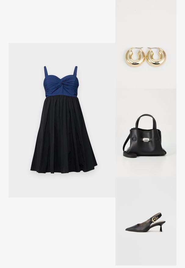 Šaty ve tvaru A s námořnickou modrou přiléhavou horní částí se zkrouceným detailem a černou skládací sukní, dokončené nastavovacími ramínky.; Černý slingback vysoký podpatek s špičatou špičkou, hladkým koženým povrchem a zlatým přezkovým akcentem na pásku.; Černá kožená kabelka s texturovaným povrchem, vybavená dvěma horními uchy, odnímatelným ramenním popruhem a stříbrným detailem s uzávěrem.; Zlaté kruhové náušnice s hladkým, zaobleným designem a lesklým povrchem, vybavené sponou pro zajištění. Vystouplý nápis "DKNY".