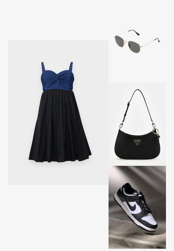 Áčková šaty s prispôsobeným korzetom v námorníckej modrej farbe s prekrúteným detailom a čiernou skladanou sukňou, doplnené o nastaviteľné ramienka.; Čierno-biele tenisky Nike Dunk Low s koženým zvrškom, perforovanou špičkou a čiernymi šnúrkami, so bielou podrážkou a logovými akcentmi.; Zlaté slnečné okuliare s kovovým rámom a tmavozelenými šošovkami v aviator štýle, s úzkymi ramenami a mramorovými akcentami na koncoch.; Čierna syntetická plecnička s oblým siluetom, textúrovaným povrchom, zlatým trojuholníkovým logom a odnímateľnými kovovými detailmi.