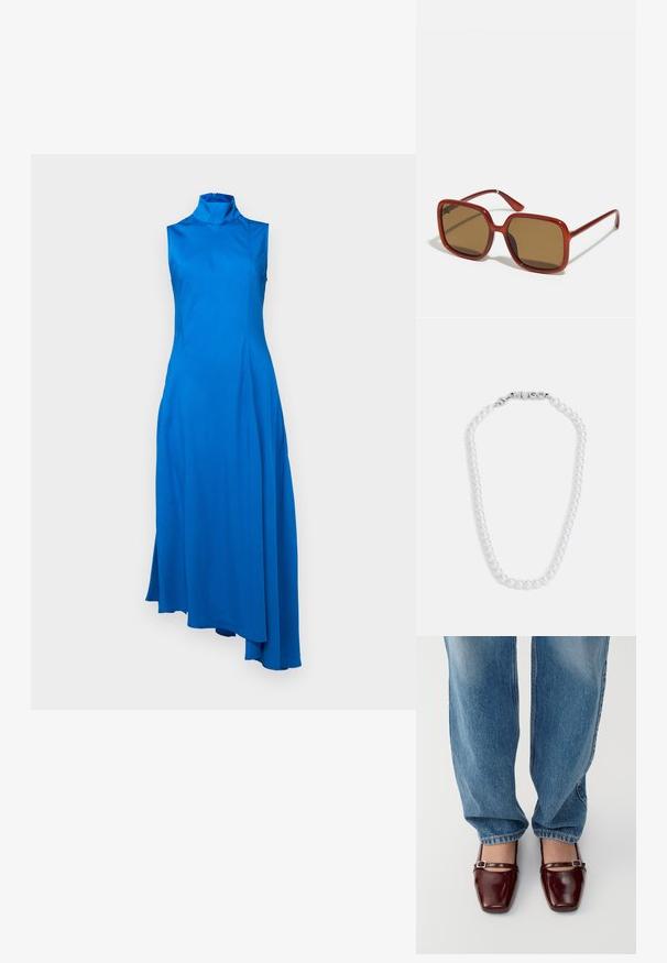 Asymmetrisches, ärmelloses blaues Kleid mit hohem Kragen. Aus glattem Stoff gefertigt, zeichnet sich durch eine fließende Silhouette und Seitenschlitze aus. Reißverschluss am Rücken.; Burgunderfarbene Lacklederschuhe mit quadratischer Zehenform und Knöchelriemen, kombiniert mit hellblauen, locker sitzenden Jeans. Die Schuhe haben eine glänzende Oberfläche.; Rote quadratische Sonnenbrillen mit braun getönten Gläsern. Dicke, glänzende Rahmen und schlanke Bügel mit kleinen Details an der Seite für visuelles Interesse.; Halskette aus weißen Perlen mit glatter Oberfläche, ausgestattet mit einem silbernen Verschluss, der das Wort "HUGO" geprägt hat. Gleichmäßig große Perlen in einem klassischen Design.