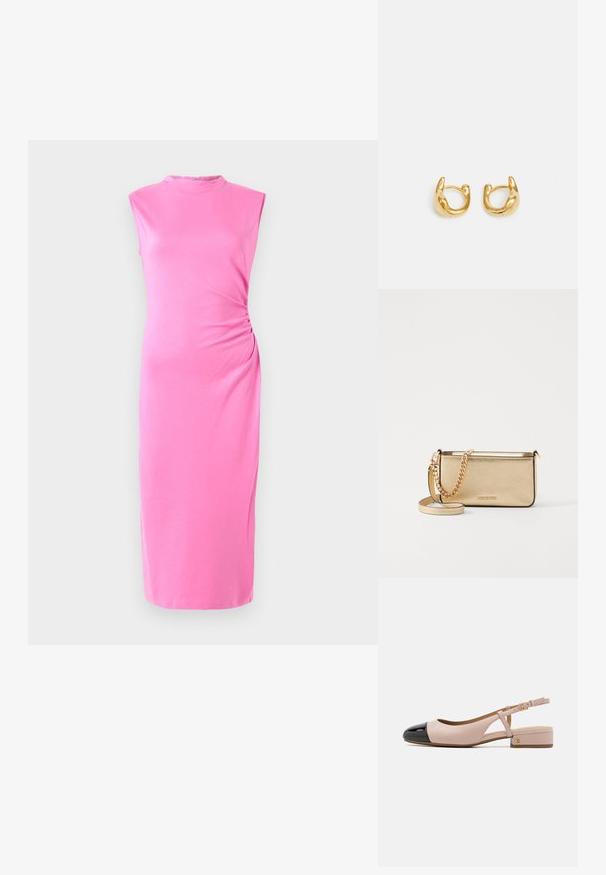 Rosa midiklänning i mjukt tyg. Ärmlös design med rund halsringning och diskret sidofåll. Slät textur, figurnära silhuett.; Slingback-sko med övre i blekrosa läder och glänsande svart kappå. Har en liten klack och en justerbar ankelrem.; Metallich guld läderklutch med en texturerad yta, utrustad med en guld kedjestropp och en avtagbar axelrem. Varumärkeslogotyp präglad.; Guldörhängen med en slät, rund design och en polerad yta. Örhängena har en kompakt, tjock form och en sömlös spänne.