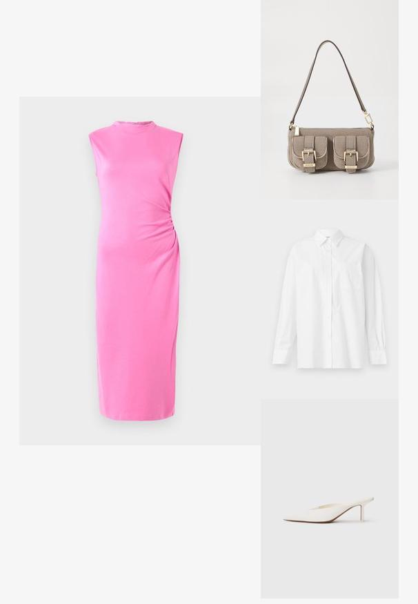 Růžové midi šaty vyrobené z měkké látky. Bez ramínek s kulatým výstřihem a jemným nařasením na bocích. Hladká textura, přiléhavý silueta.; Bílá košile s dlouhým rukávem vyrobená z bavlny, s klasickým límečkem, zapínáním na knoflíky a jednou náprsní kapsou na levé straně.; Bílé muly s špičatou špičkou a nízkým jehlovým podpatkem. Vyrobené z hladkého materiálu s minimalistickým designem a jemným detailním pro tanovou podrážku.; Béžová texturovaná kabelka s nastavitelným popruhem, dvěma předními kapsami uzamčenými sponami a zlatými akcenty. Uzavření na zip nahoře.