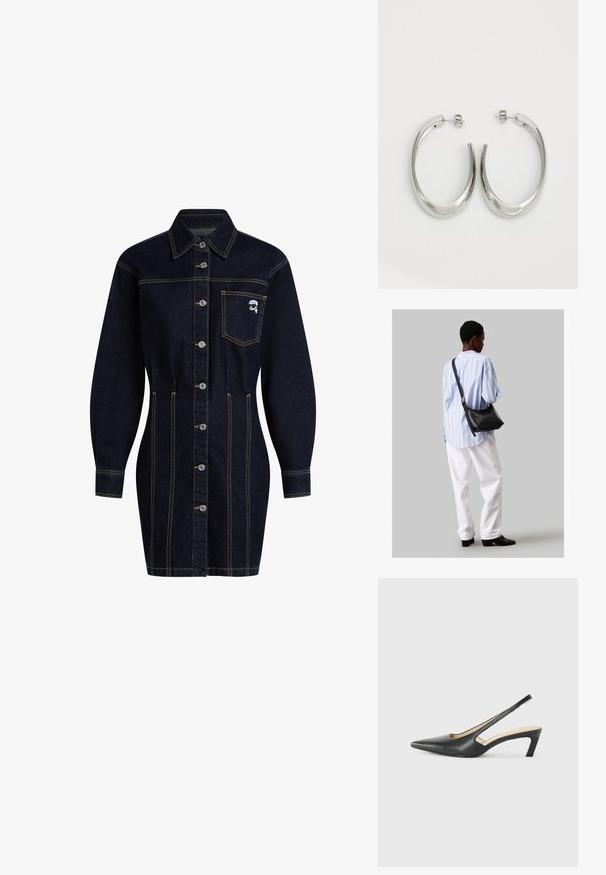 Σκούρο τζιν φόρεμα με γιακά, κουμπιά μπροστά και μακριά μανίκια. Διαθέτει τσέπη στο στήθος και κίτρινες ραφές.; Μαύρο παπούτσι slingback με αιχμηρή μύτη και χαμηλό τακούνι, κατασκευασμένο από λείο δέρμα με σχέδιο κοπής στη πλευρά για αερισμό.; Μαύρη δερμάτινη τσάντα ώμου με απαλή υφή, τριγωνικό σχήμα και ρυθμιζόμενο λουρί, συνδυασμένη με ένα ανοιχτό μπλε ριγέ πουκάμισο και λευκό παντελόνι.; Ασημένια σκουλαρίκια κρίκοι με μαλακή, καμπυλωτή σχεδίαση. Διαθέτουν γυαλιστερή μεταλλική υφή και κλείσιμο με σφίγγα. Χωρίς ορατά μοτίβα ή διακοσμήσεις.