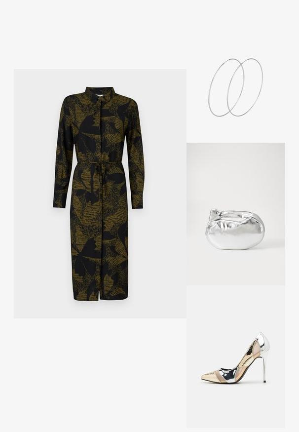 JDY JDYLIZA SHIRT DRESS - Shirt dress - winter moss; Pointed-toe high heel shoe with a silver, gold, and nude color scheme. Glossy finish with cutout design, featuring a stiletto heel.; Silver metallic pouch bag with a soft, rounded shape and a knotted top closure. Made from smooth faux leather material.; Silver hoop earrings with a minimalist design. Circular shape, smooth texture, and thin profile. Lightweight with a polished finish.