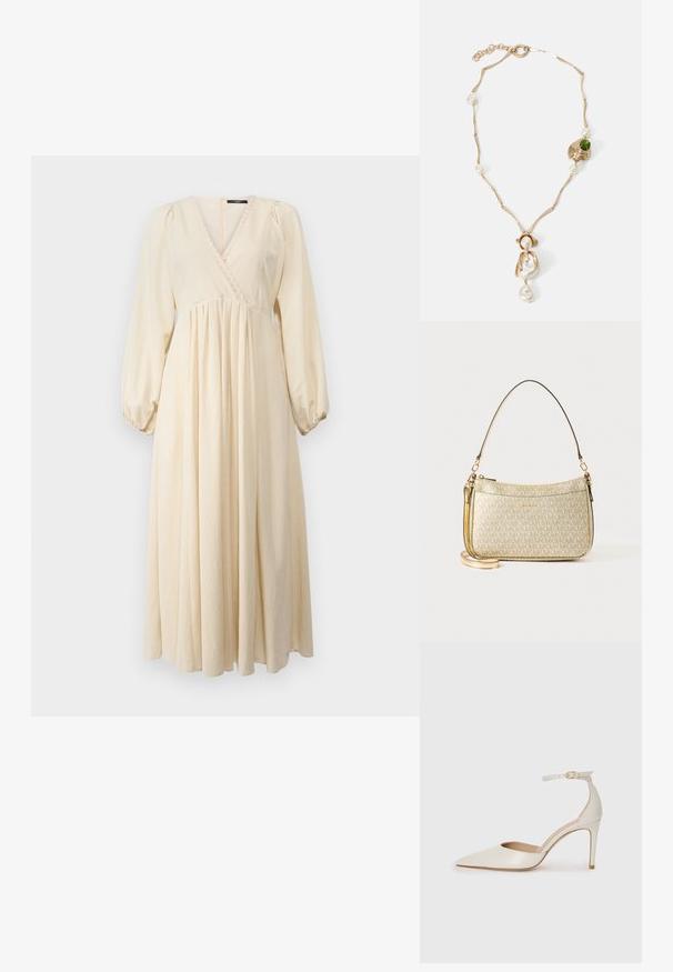 WEEKEND MaxMara FRANCIS - Φόρεμα ημέρας - ecru; Λευκό δερμάτινο ψηλοτάκουνο παπούτσι με μυτερή μύτη, λουρί στον αστράγαλο και λεπτό τακούνι στιλέτο. Λείος υφή με διακριτική γυαλιστερή επιφάνεια.; Χρυσή τσάντα με υφή που διαθέτει λείο δερμάτινο λουρί, κλείνει με φερμουάρ και έχει μια διακριτική εκτύπωση λογότυπου στην επιφάνειά της.; Χρυσό λαιμόλκιο με στριμμένα κρίκους, λευκά μαργαριτάρια και μία πράσινη πέτρα ως διακοσμητικό στοιχείο. Διαθέτει περίπλοκες λεπτομέρειες και κούμπωμα για την ασφάλιση.