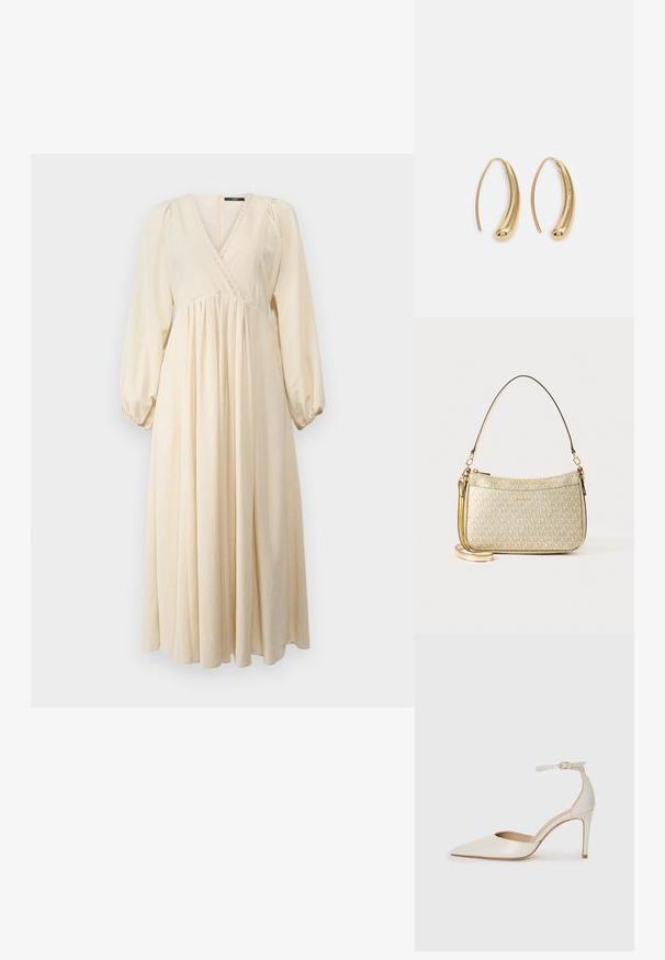 WEEKEND MaxMara FRANCIS - Rochie de zi - ecru; Pantofii înalți din piele albă, cu vârf ascuțit, curea la gleznă și toc subțire de tip stiletto. Textură netedă cu un finisaj subtil lucios.; Geantă texturată cu aur, cu o curea din piele netedă, având închidere cu fermoar și un model subtil de logo imprimat pe suprafață.; Cercei din metal auriu, cu un design curbat și alungit. Au o suprafață netedă și strălucitoare, cu un vârf rotunjit pentru un detaliu suplimentar.