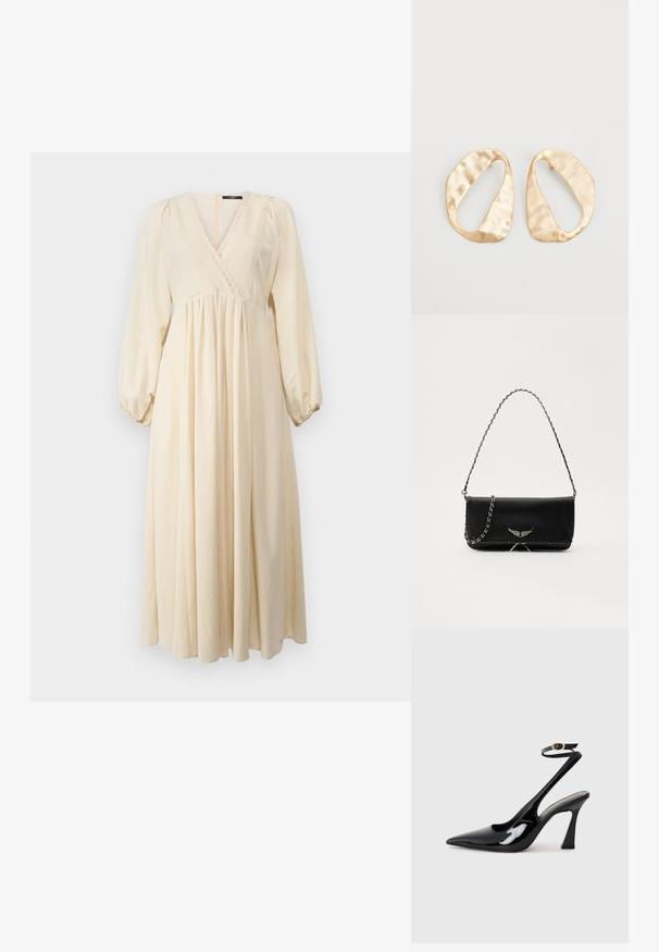 Weekend Max Mara FRANCIS - Robe de jour - ecru; Escarpins noirs en cuir verni avec un bout pointu, sangle ajustable à la cheville et un talon bloc modéré. Texture lisse avec finition brillante.; Sac à main en cuir noir avec une bandoulière en chaîne argentée, présentant des accents décoratifs en forme d'ailes et des coutures blanches le long de la couture inférieure.; Une paire de boucles d'oreilles en métal doré, de forme ovales irrégulières, avec une surface texturée et légèrement martelée sur fond blanc.