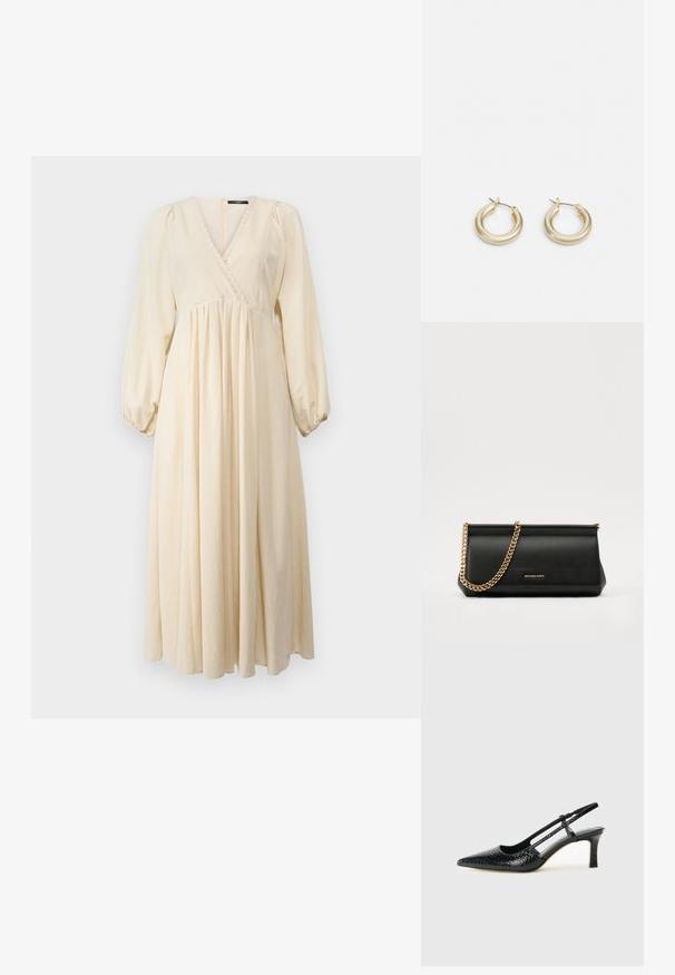 Weekend Max Mara FRANCIS - Robe de jour - ecru; Escarpin slingback en vernis noir avec un bout pointu, présentant un imprimé serpent texturé, une sangle réglable et un petit talon bloc texturé.; Sac à main en cuir noir avec une bandoulière en chaîne dorée, présentant une texture lisse, une forme rectangulaire et une marque embossée à l'avant.; Lauren Ralph Lauren BASIC SMALL HOOP - Boucles d'oreilles - gold-coloured