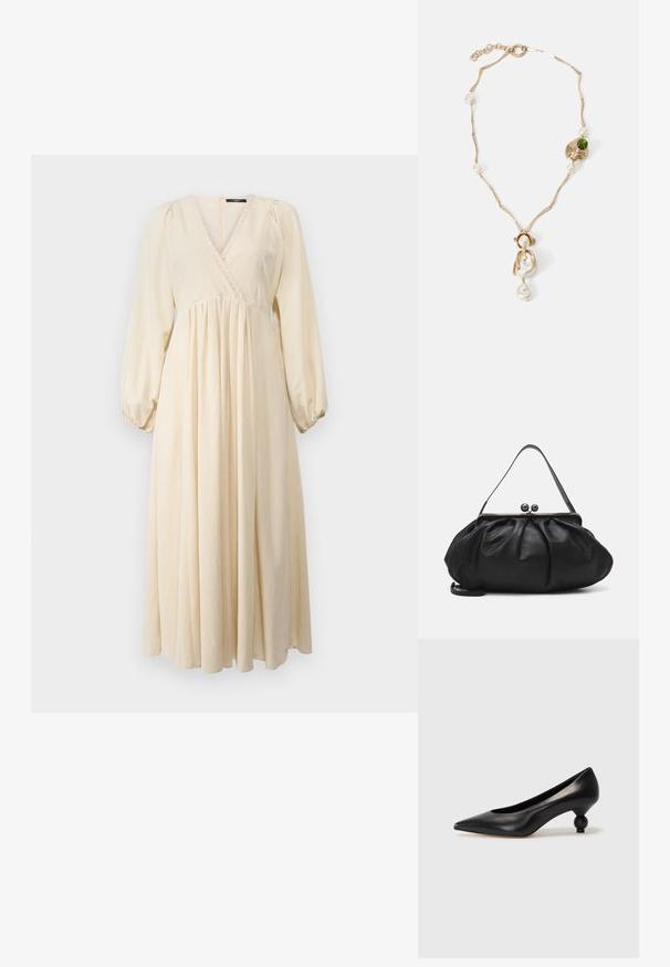 WEEKEND MaxMara FRANCIS - Robe de jour - ecru; Chaussure à talon haut en cuir noir avec un bout pointu et un talon arrondi. Texture lisse avec un design épuré et minimal.; Sac à main en cuir noir avec un design arrondi et plissé. Il possède un fermoir métallique avec deux boules décoratives et une bandoulière fine et amovible.; Collier doré avec des maillons torsadés, perles blanches et une pierre verte en accent. Présente des détails raffinés et un fermoir pour la fermeture.