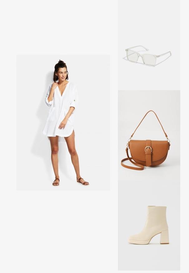 Vestido camisa leve e branco, com decote em V, mangas três quartos, bolsos frontais e um corte descontraído. Apresenta detalhes de costura mínimos.; Bota ankle de couro bege com salto bloco e sola plataforma, acabamento suave e bico ligeiramente quadrado, virada para a esquerda em fundo branco.; Óculos quadrados de plástico transparente com lentes translúcidas, apresentando detalhes em dourado nas hastes.; Bolsa transversal de couro castanho com um formato curvado, ferragens douradas e um detalhe de fivela. Inclui uma alça de ombro destacável.