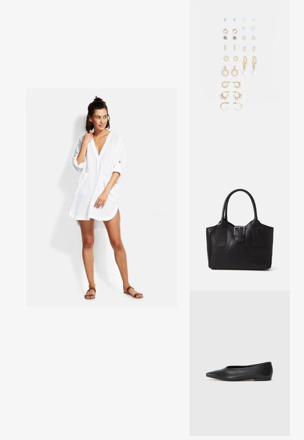 White, lightweight shirt dress with a V-neck, three-quarter sleeves, front pockets, and a relaxed fit. Features minimal stitching details.; Black leather ballet flat, pointed toe, minimalistic design, smooth texture, low-profile heel, no visible hardware or embellishments.; Black leather tote bag with smooth texture, structured shape, two handles, and a prominent silver buckle detail on the front.; Set of gold-tone earrings featuring various designs, including studs, hoops, and dangling pieces with pearls and rhinestones.