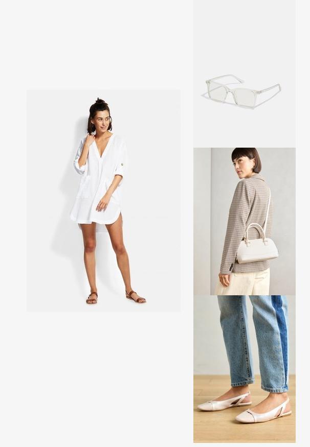 Bela, lahka obleka s kratkimi rokavi in V-izrezom, sprednjimi žepi in sproščenim krojem. Ponuja minimalne šive.; Svijetloružičaste slingback balerinke s šiljastim nožnim prstima, napravljene od glatkog materijala nalik koži. Imaju izrezane detalje sa strane i ravne pete.; Prozorne kvadratne plastične očala s prozornimi lečami, ki imajo zlato dekoracijo na ročajih za dodaten pridih podrobnosti.; Bela strukturirana torba z kratkimi ročaji in naramnim trakom, z zlatimi okrasnimi elementi in teksturiranim materialom, prikazana na sivi podlagi.