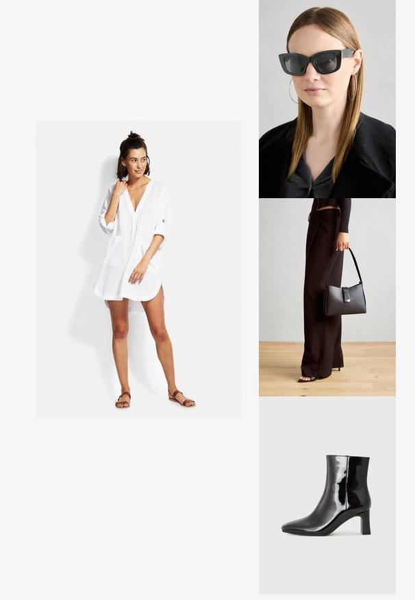 White, lightweight shirt dress with a V-neck, three-quarter sleeves, front pockets, and a relaxed fit. Features minimal stitching details.; Black patent leather ankle boot with a pointed toe and a mid-height block heel. Smooth texture and minimalist design.; Black cat-eye sunglasses with dark lenses, thick frames, and subtle accents. Worn with a black coat and gray top, featuring long straight hair.; Black handbag with structured shape, smooth texture, and a metallic clasp. Paired with wide black pants and open-toe sandals on wooden floor.